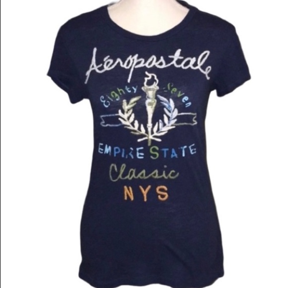 Aeropostale Embroidered Navy T-Shirt Size L Embroidered Fitted